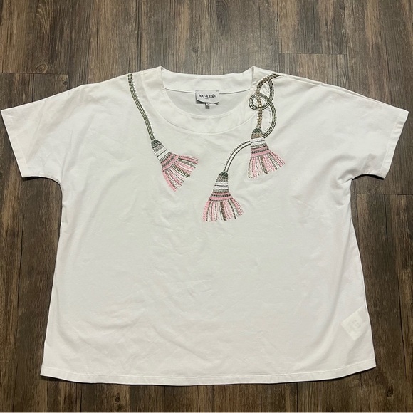 Leo & Ugo Paris White Pink Round Neck Embellished Women's Top Cap Sleeve Shirt L - Picture 5 of 11